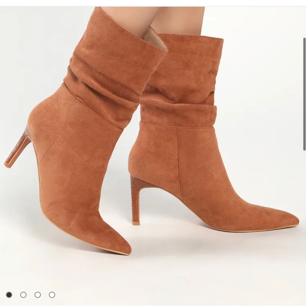 Mid-calf suede camel pointed toe boots